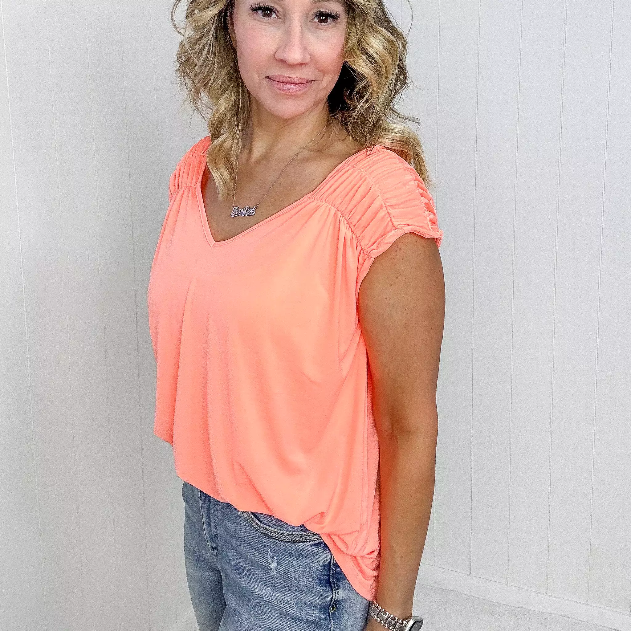 Dear Scarlett Ruched Cap Sleeve Top in Neon Orange