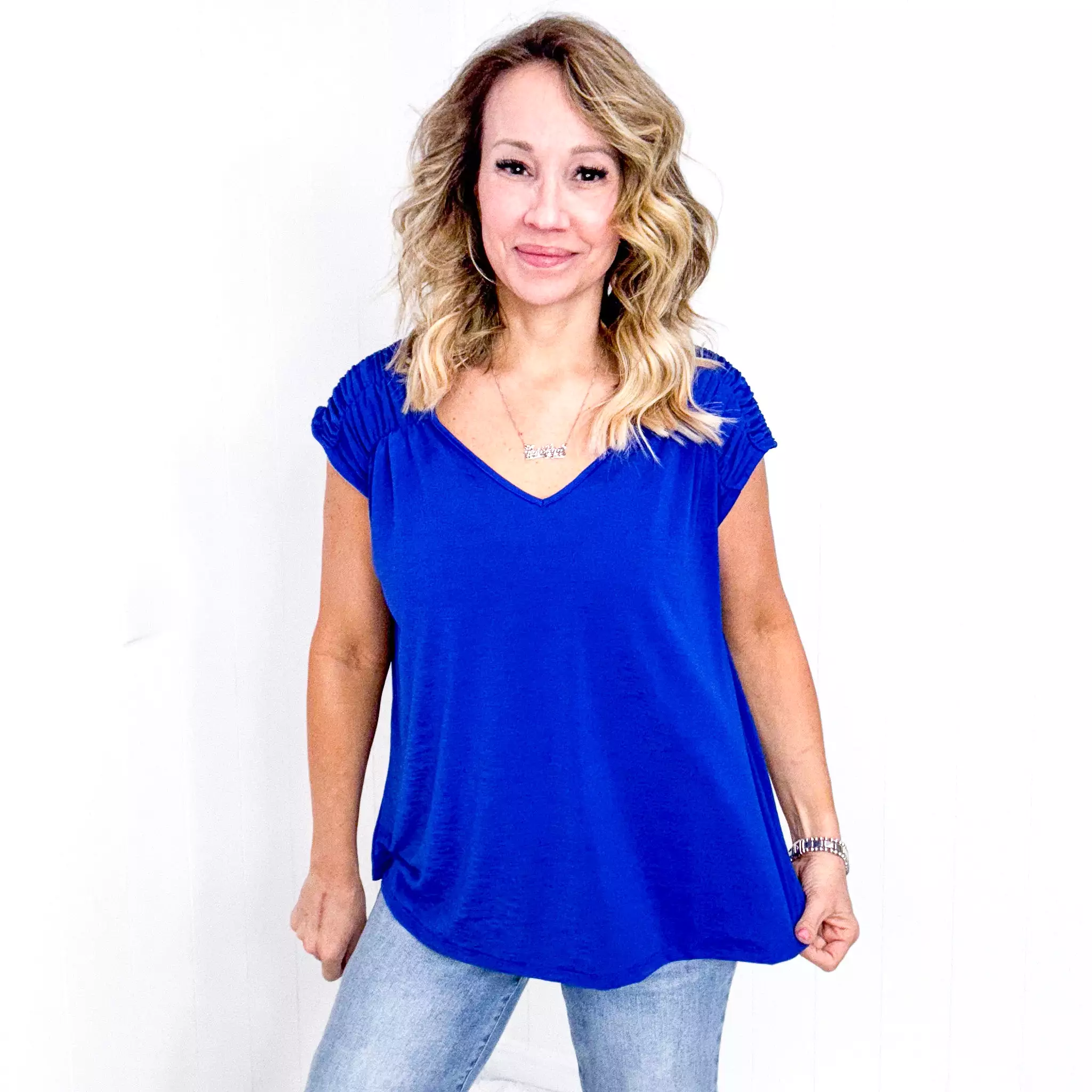 Dear Scarlett Ruched Cap Sleeve Top in Royal Blue