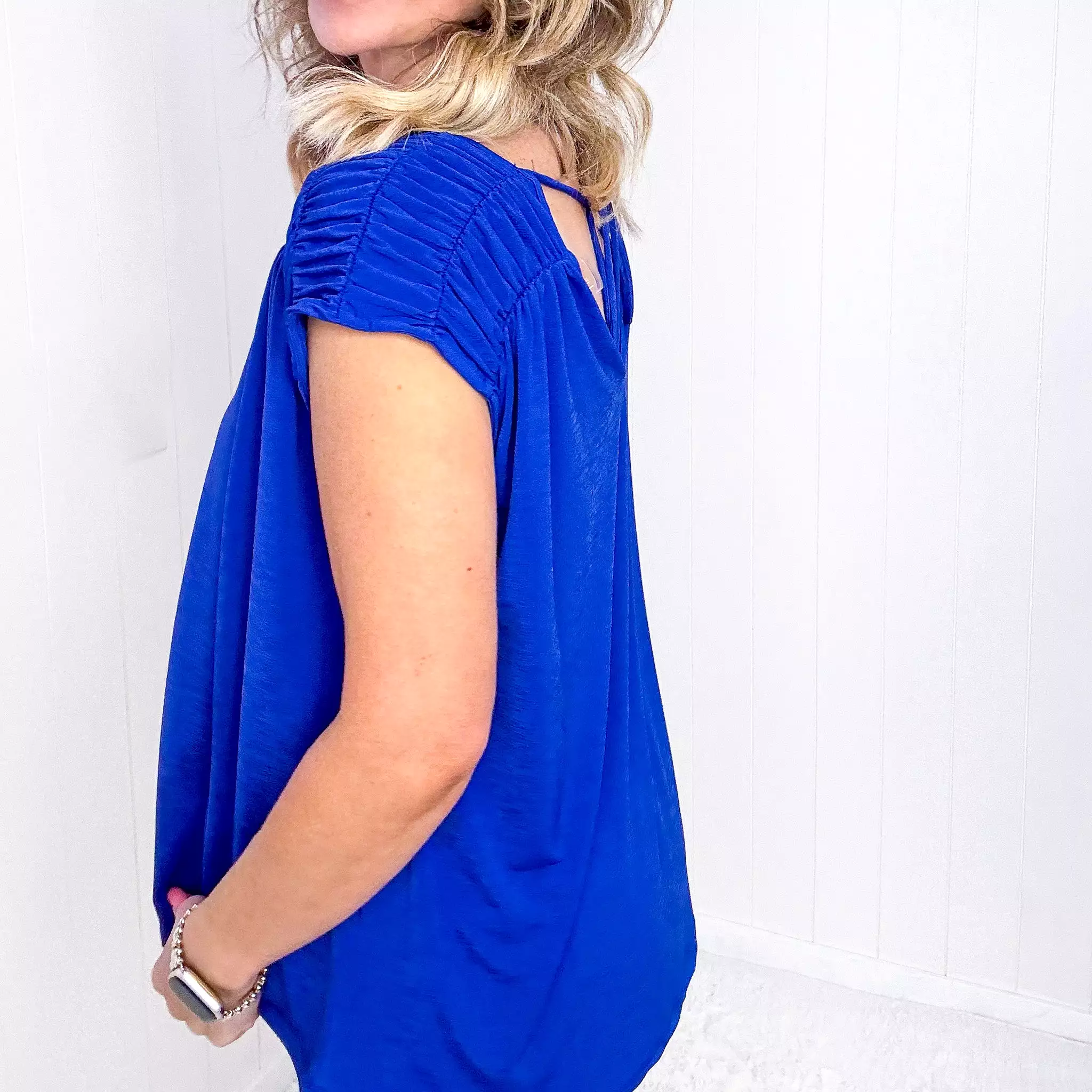 Dear Scarlett Ruched Cap Sleeve Top in Royal Blue