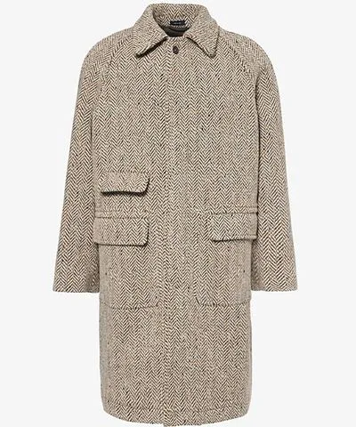 Drakes Mens Oat Fleck Herringbone-print raglan-sleeves relaxed-fit wool coat