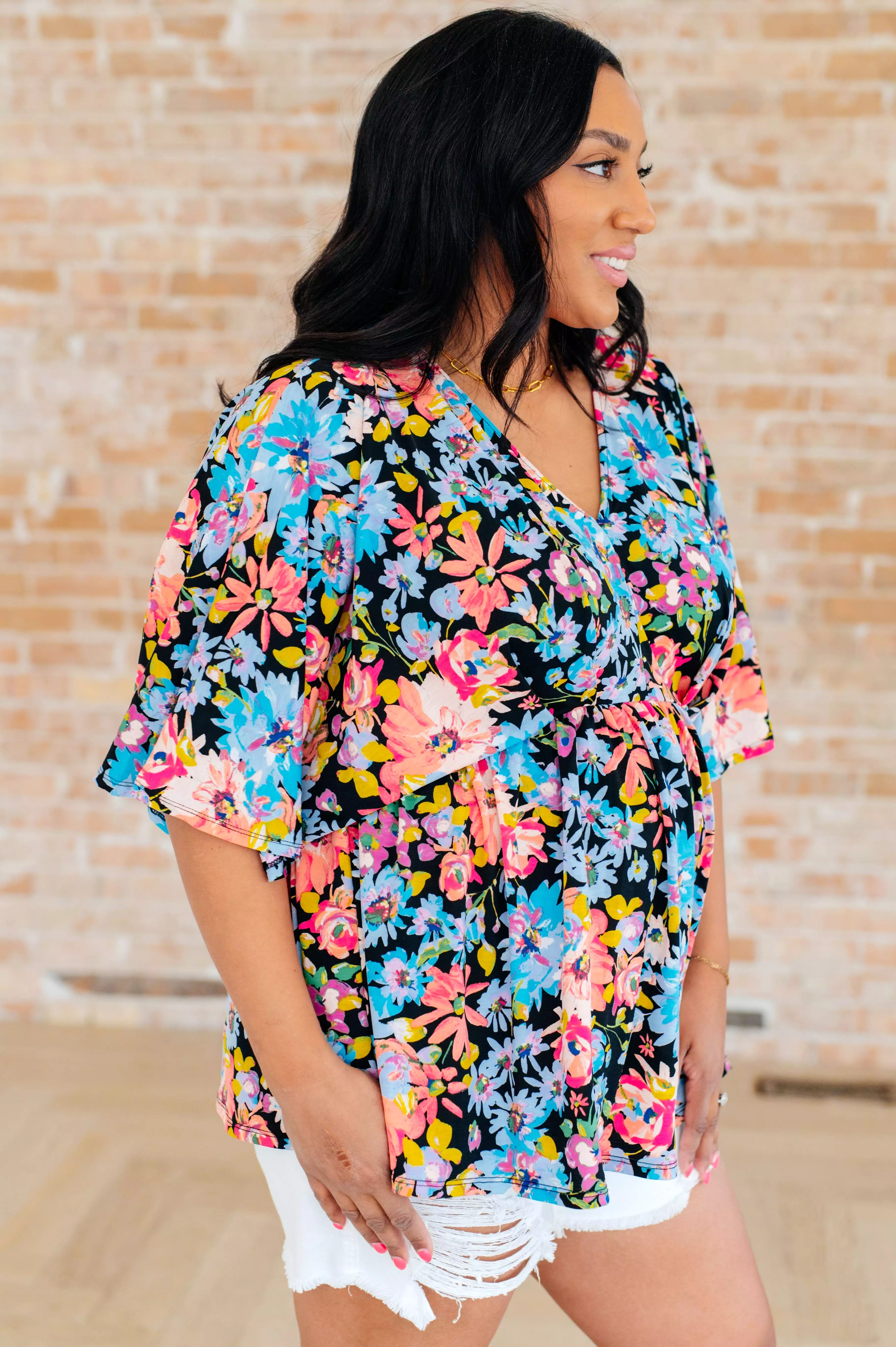 Dreamer Peplum Top in Black Multi Floral