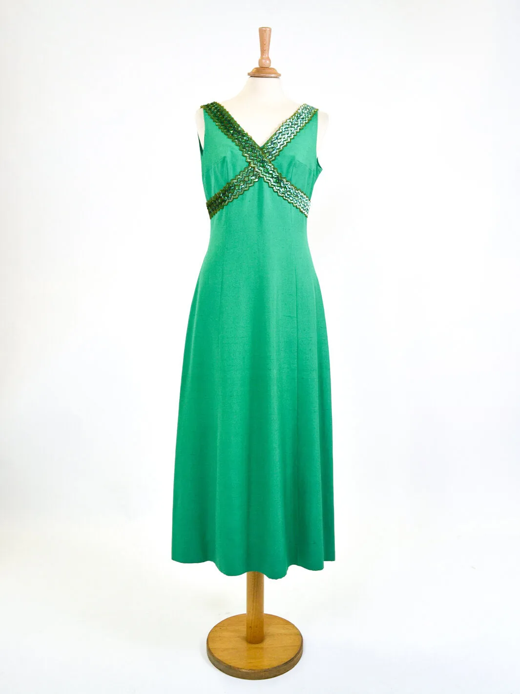 Emerald green cotton dress with paillettes, 60s