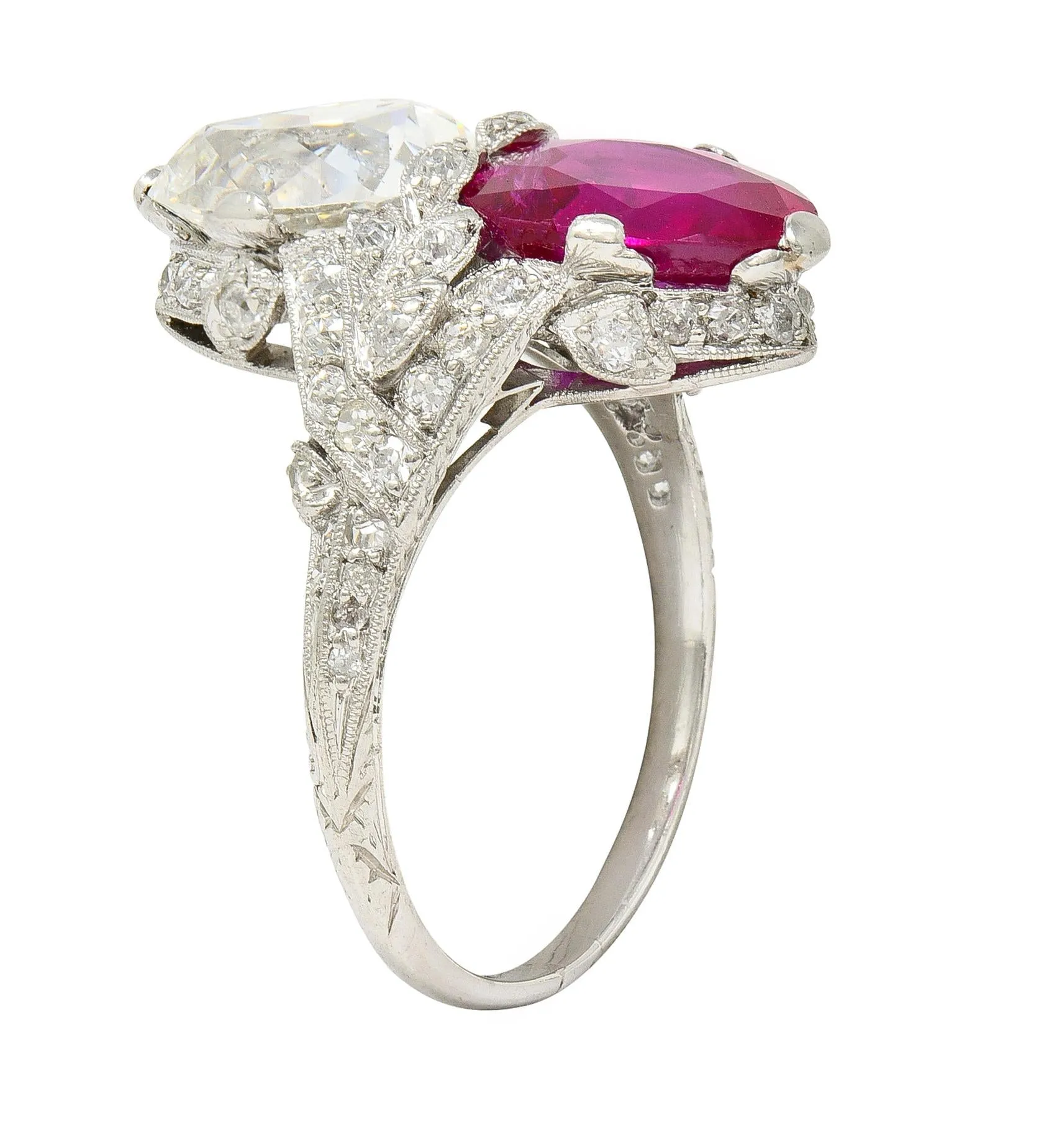 Exceptional Art Deco 7.22 CTW Diamond No Heat Burma Ruby Platinum Toi-Et-Moi Antique Ring GIA AGL