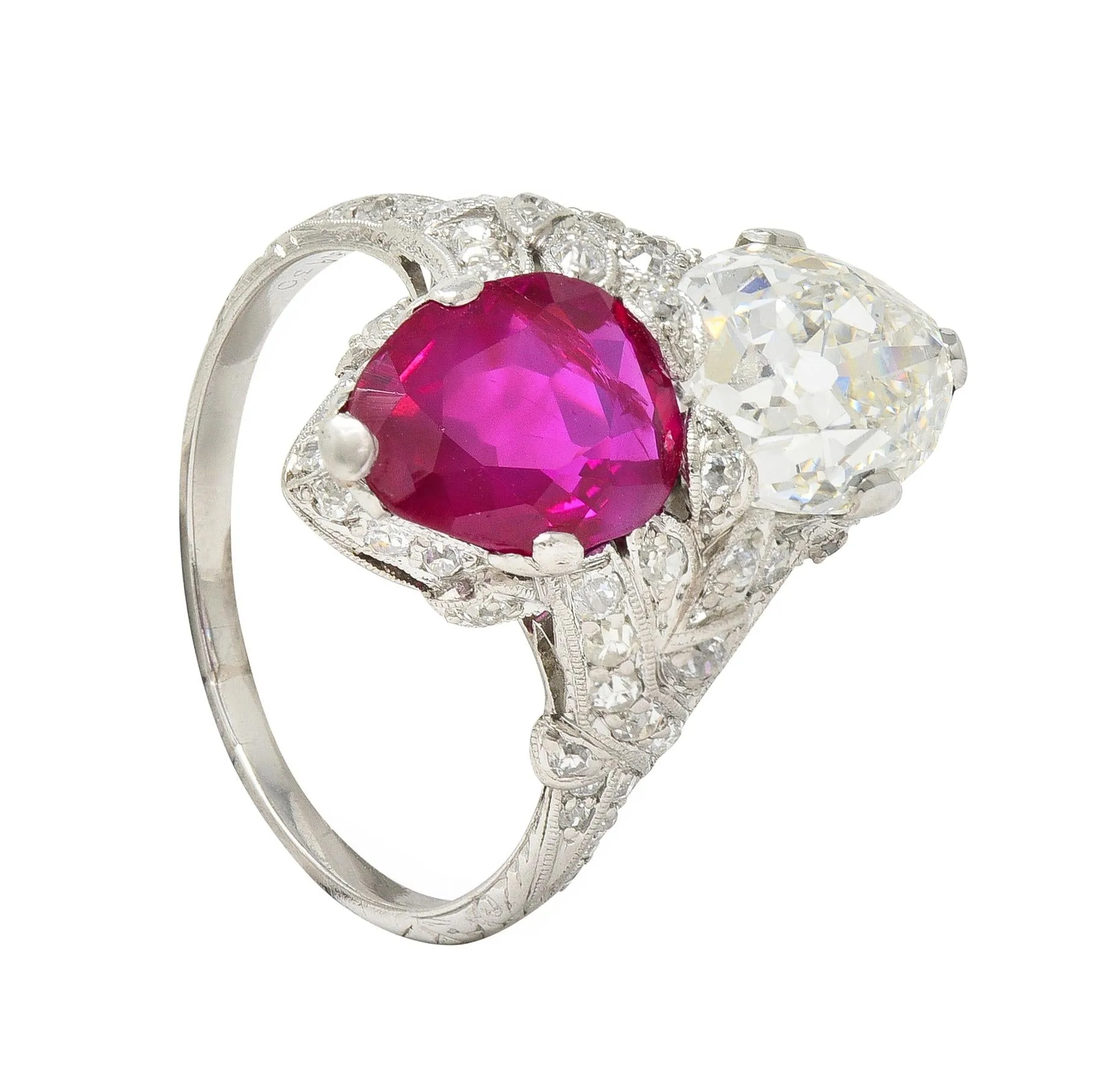 Exceptional Art Deco 7.22 CTW Diamond No Heat Burma Ruby Platinum Toi-Et-Moi Antique Ring GIA AGL