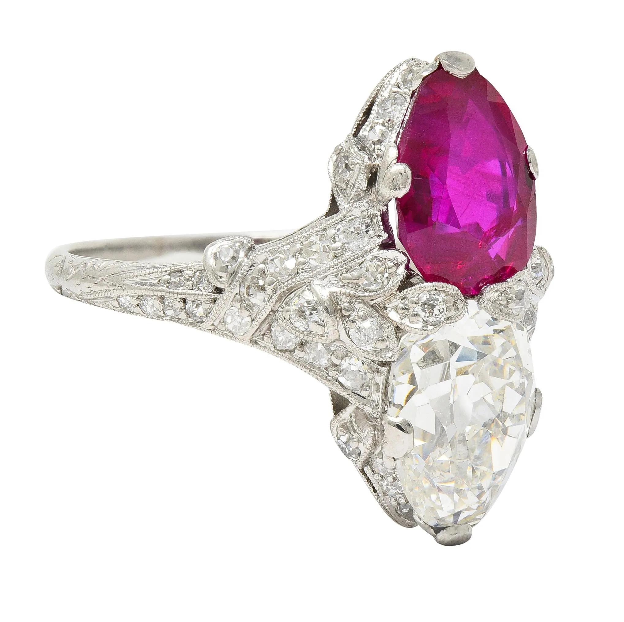 Exceptional Art Deco 7.22 CTW Diamond No Heat Burma Ruby Platinum Toi-Et-Moi Antique Ring GIA AGL