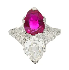 Exceptional Art Deco 7.22 CTW Diamond No Heat Burma Ruby Platinum Toi-Et-Moi Antique Ring GIA AGL