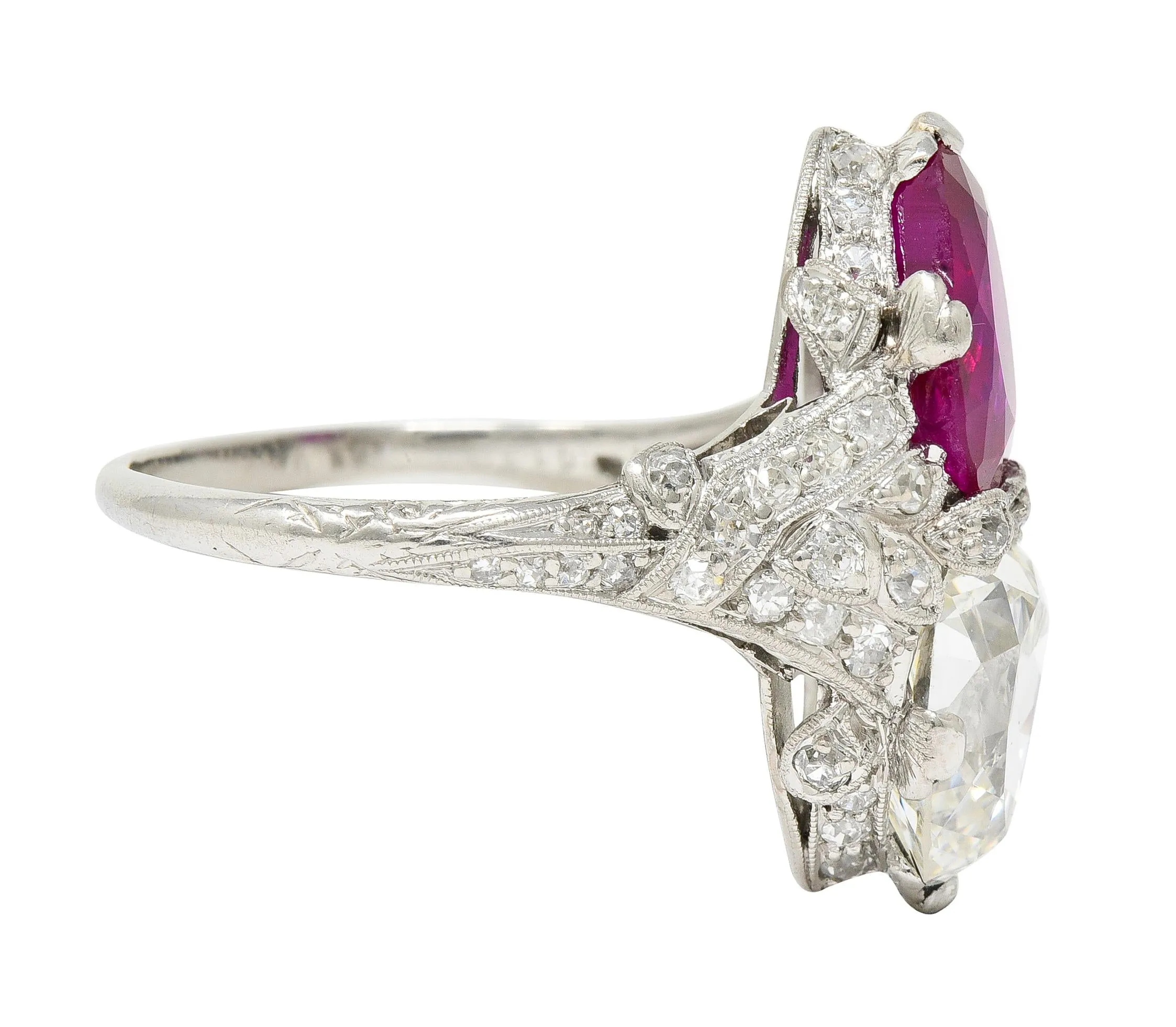 Exceptional Art Deco 7.22 CTW Diamond No Heat Burma Ruby Platinum Toi-Et-Moi Antique Ring GIA AGL