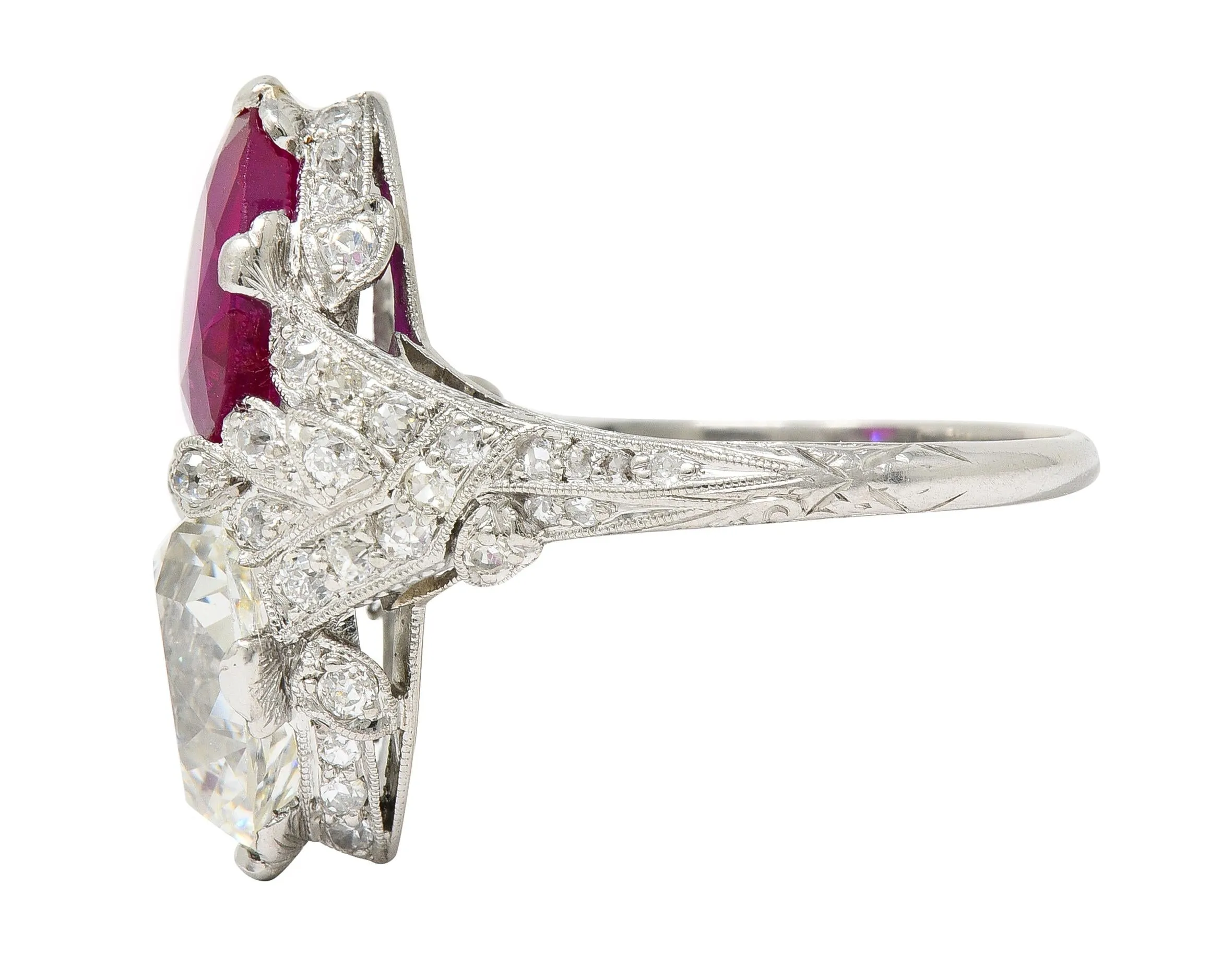 Exceptional Art Deco 7.22 CTW Diamond No Heat Burma Ruby Platinum Toi-Et-Moi Antique Ring GIA AGL