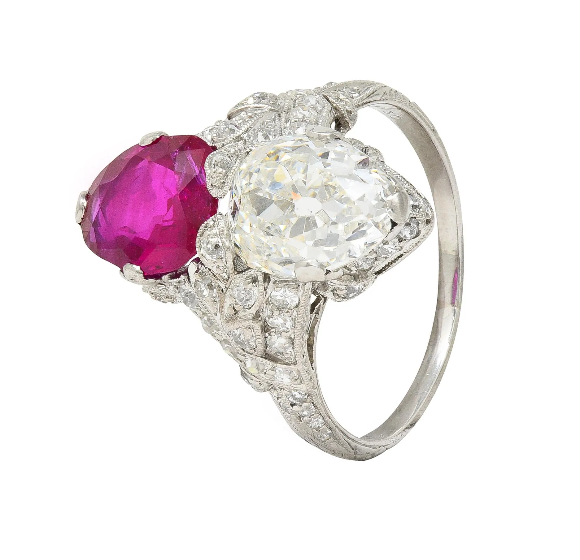 Exceptional Art Deco 7.22 CTW Diamond No Heat Burma Ruby Platinum Toi-Et-Moi Antique Ring GIA AGL