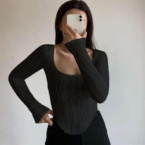 Fashion Solid Color Spandex Polyester U Neck Long Sleeve Regular Sleeve Patchwork Pleated Blouse