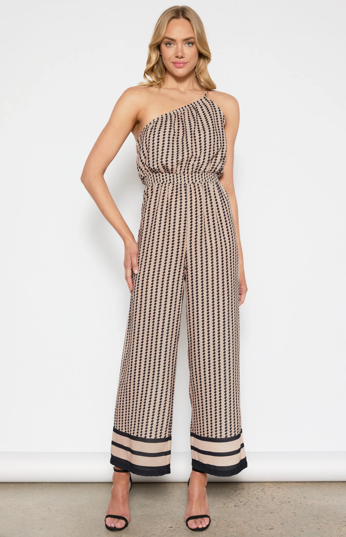 Faux Linen Geo Print Jumpsuit with Shirred Waist Detail (WJP252B)