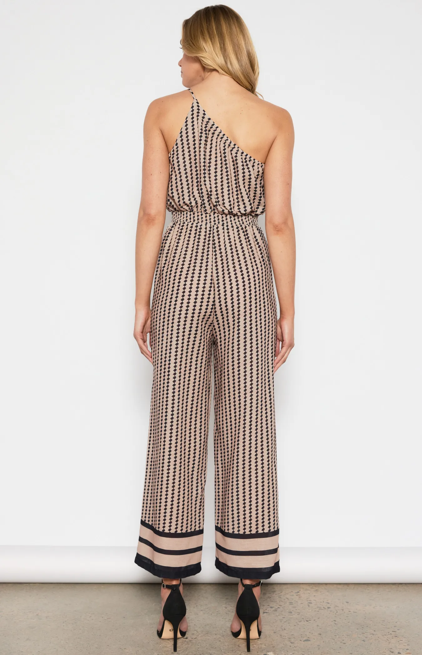 Faux Linen Geo Print Jumpsuit with Shirred Waist Detail (WJP252B)