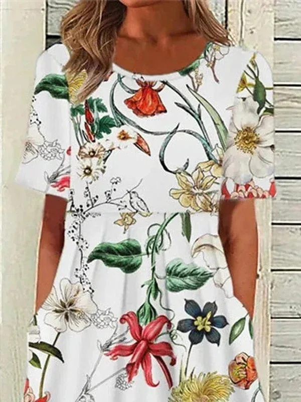 Floral Pocket Shift Midi Dress for Women in White