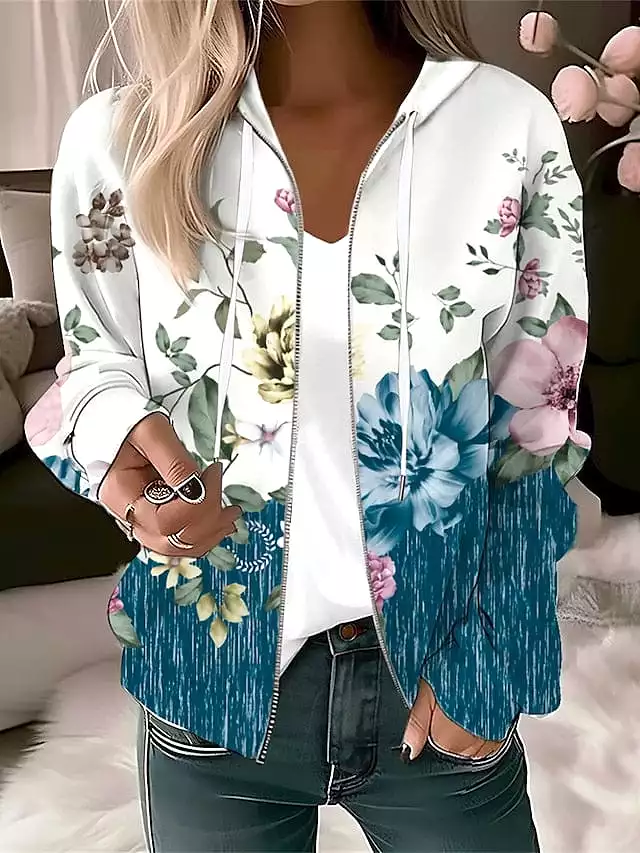 Floral Zip Up Hoodie for Women - Blue Green Light Blue Casual Sports Top