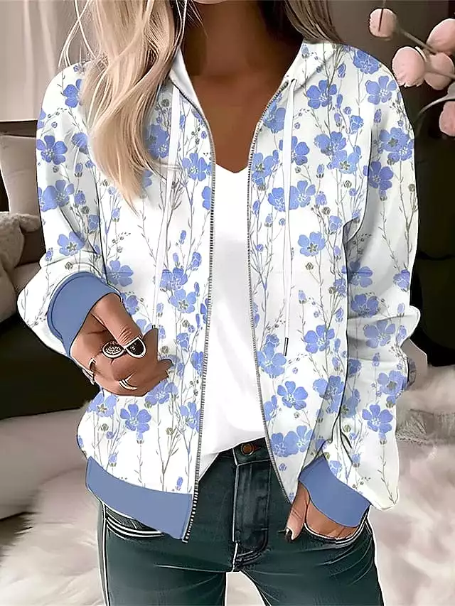 Floral Zip Up Hoodie for Women - Blue Green Light Blue Casual Sports Top