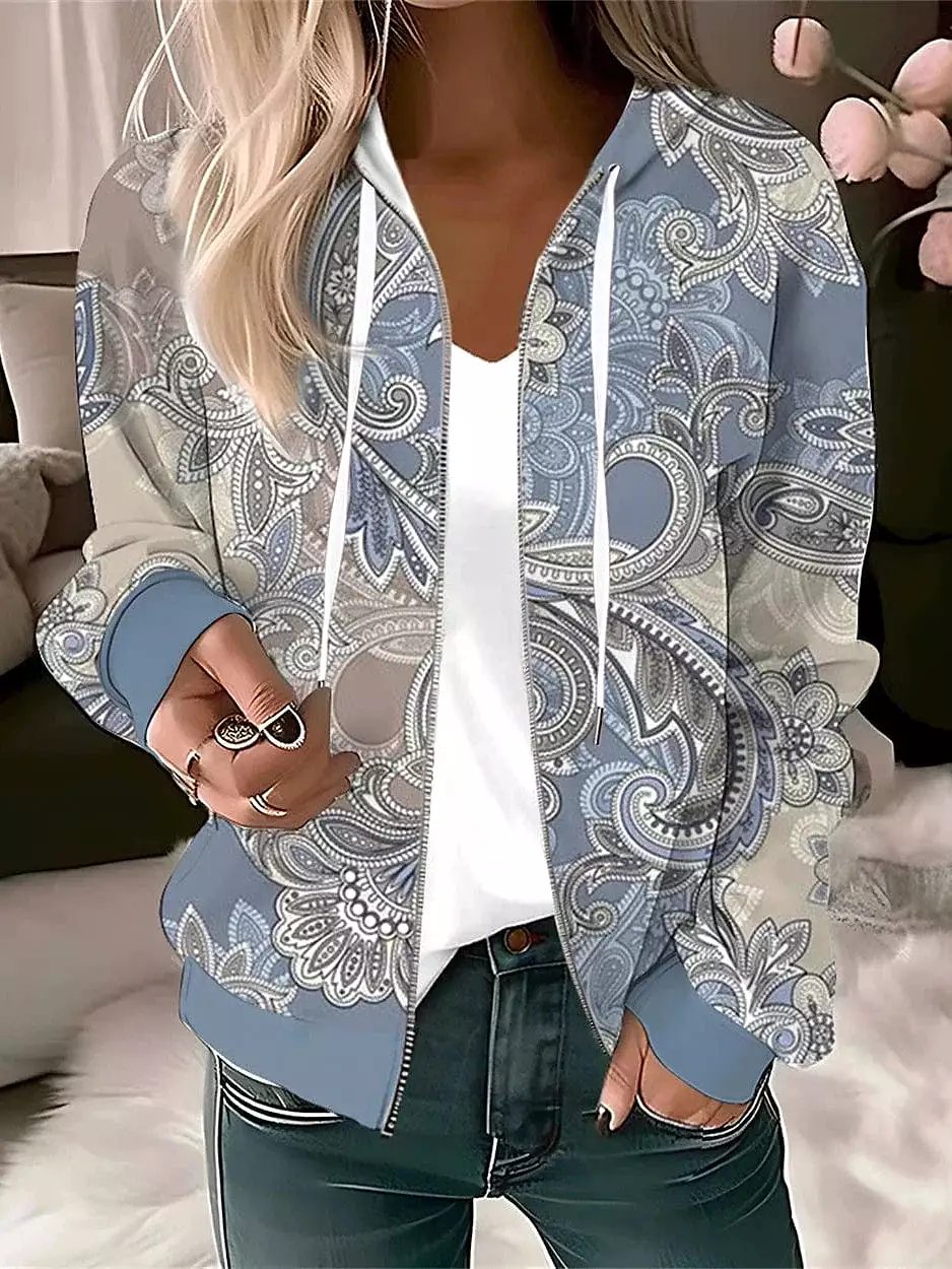 Floral Zip Up Hoodie for Women - Blue Green Light Blue Casual Sports Top