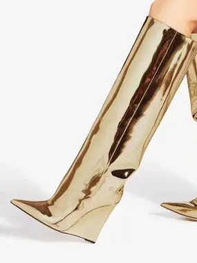 Gold Knee High Boots Chic Pointed Toe Wedge Heel Boots