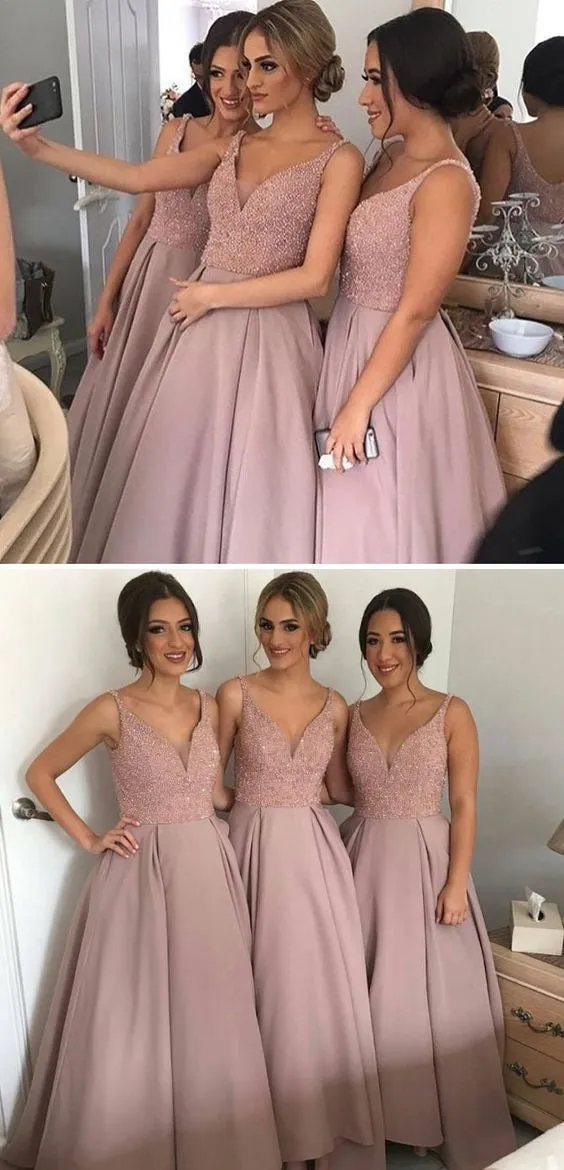 Gorgeous Pretty New Arrival Spaghetti Strap V-Neck Sparkly Long Ball Gown Bridesmaid Dress, WG69