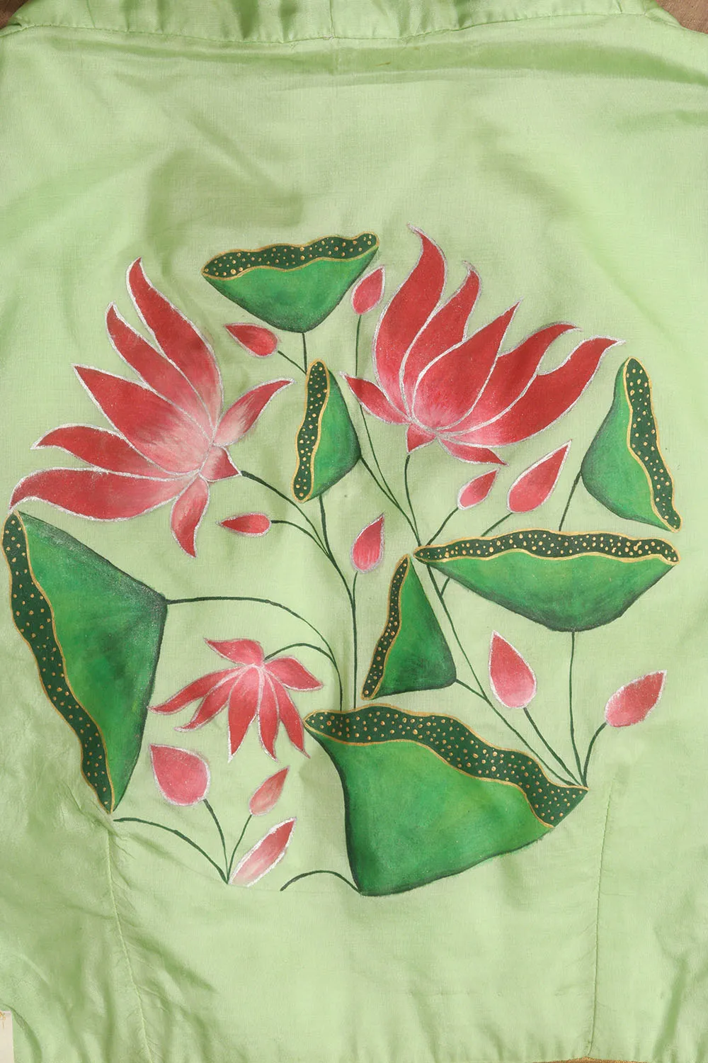 Green Hand Painted Pure Silk V Neck Non Padded Stitched Blouse