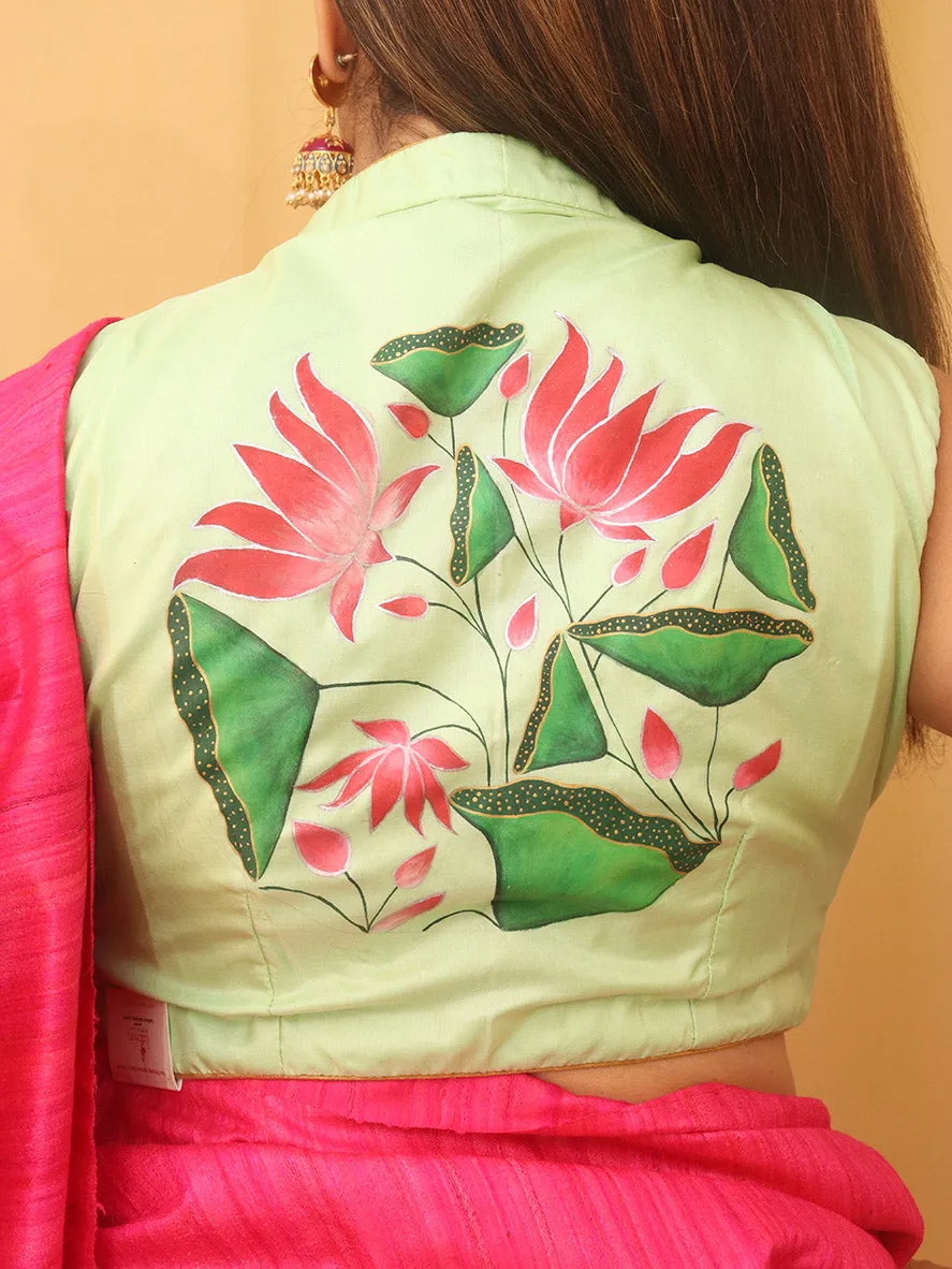 Green Hand Painted Pure Silk V Neck Non Padded Stitched Blouse