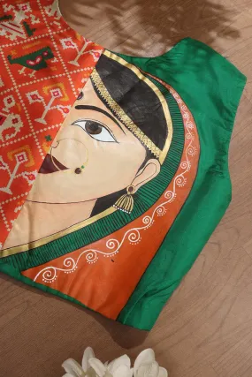 Green Patola And Hand Painted Pure Silk U Neck Non Padded Stitched Blouse