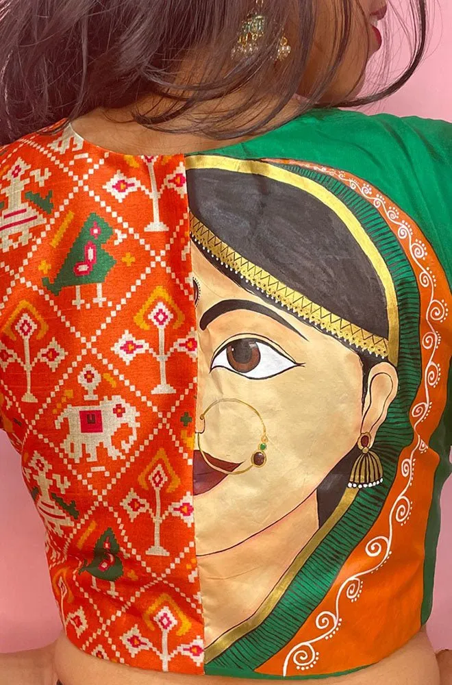 Green Patola And Hand Painted Pure Silk U Neck Non Padded Stitched Blouse