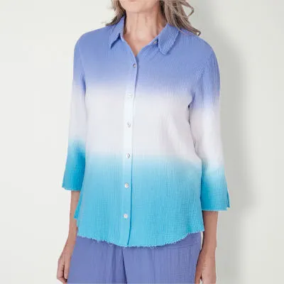 JCPenney Alfred Dunner Summer Breeze Womens 3/4 Sleeve Regular Fit Button-Down Shirt