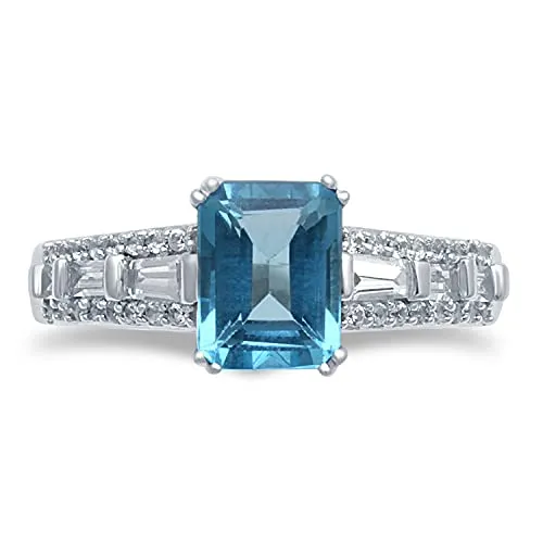 Jewelili 10K White Gold With Octagon Swiss Blue Topaz with Baguette and Round Created White Sapphire Ring