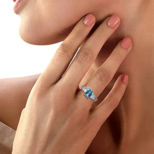 Jewelili 10K White Gold With Octagon Swiss Blue Topaz with Baguette and Round Created White Sapphire Ring