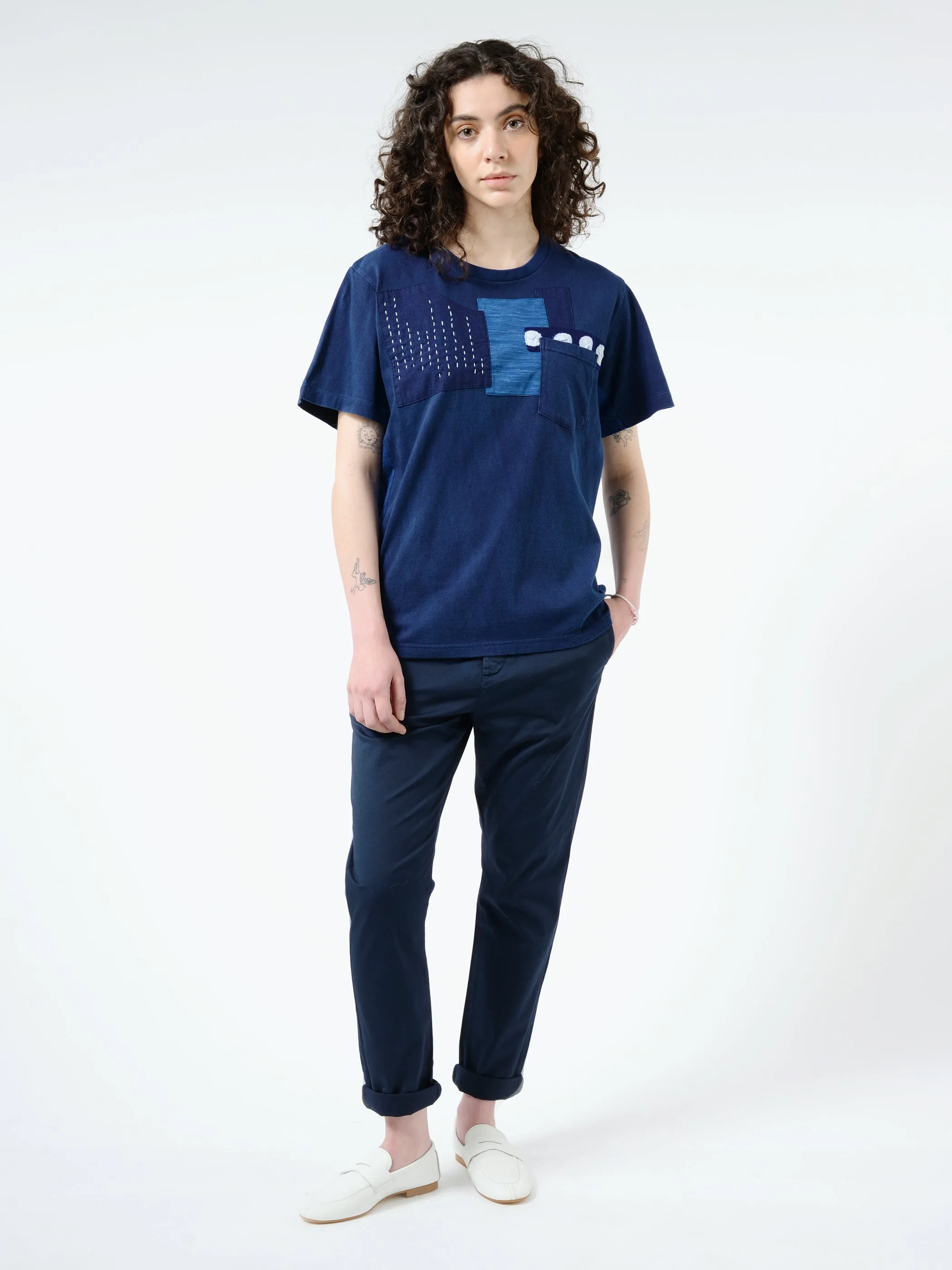 Knitted Indigo Hand Stitched Patchwork S/S Tee