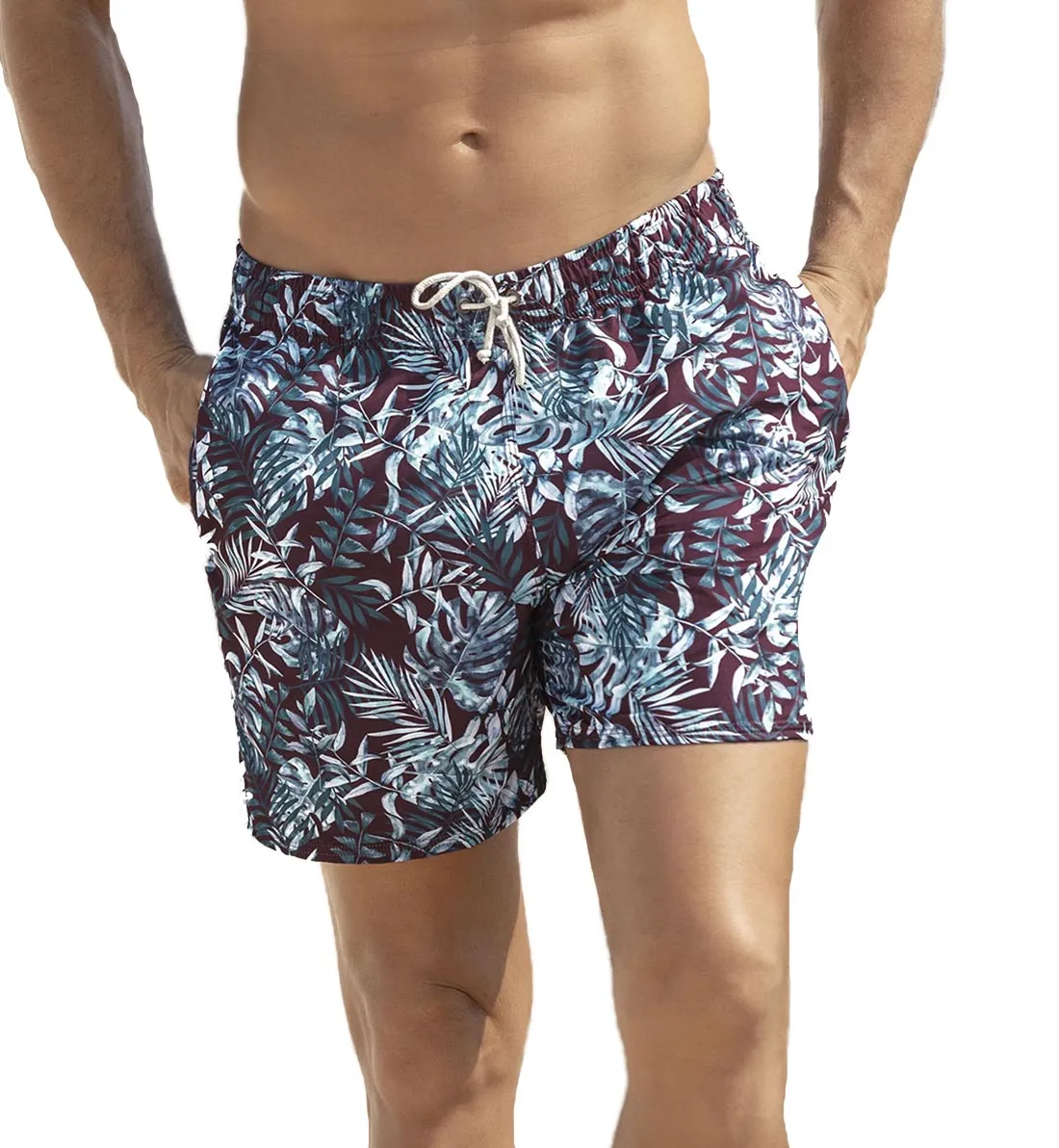 LEO Men's Printed Loose Fit Swim Trunk (505028N) - Wine Leaf