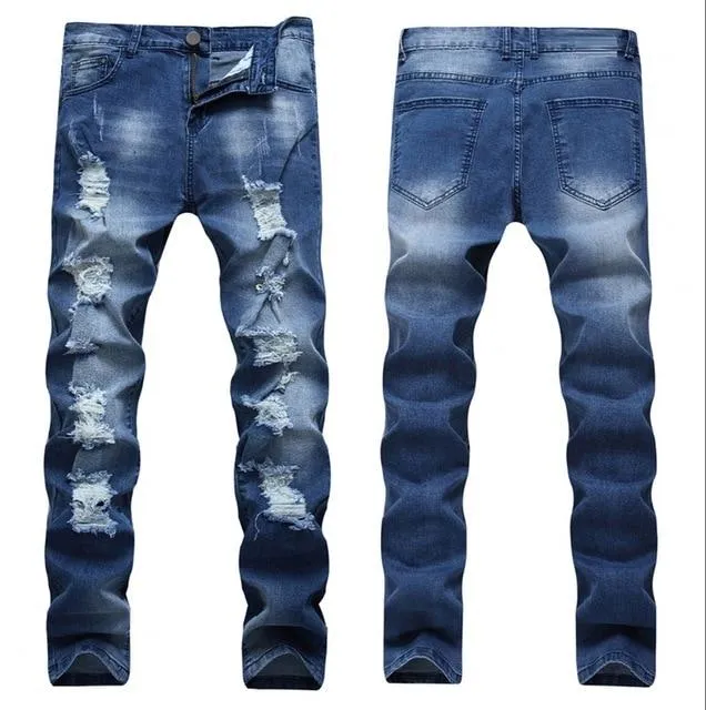 Light Blue Denim Designer Ripped Jeans Slim Fit Joggers Pants for Men