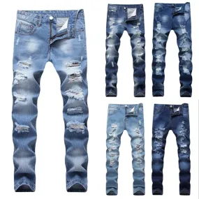 Light Blue Denim Designer Ripped Jeans Slim Fit Joggers Pants for Men