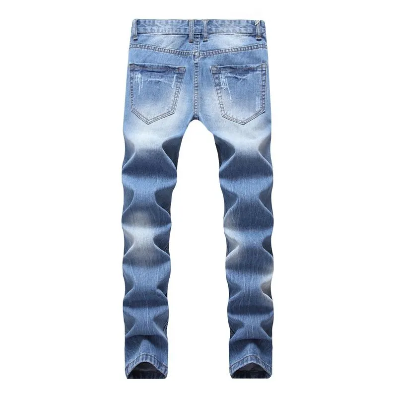 Light Blue Denim Designer Ripped Jeans Slim Fit Joggers Pants for Men