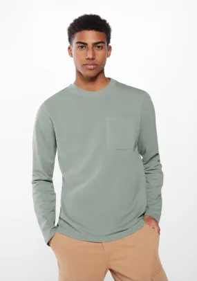 Long-sleeved piqué T-shirt with pocket - Green