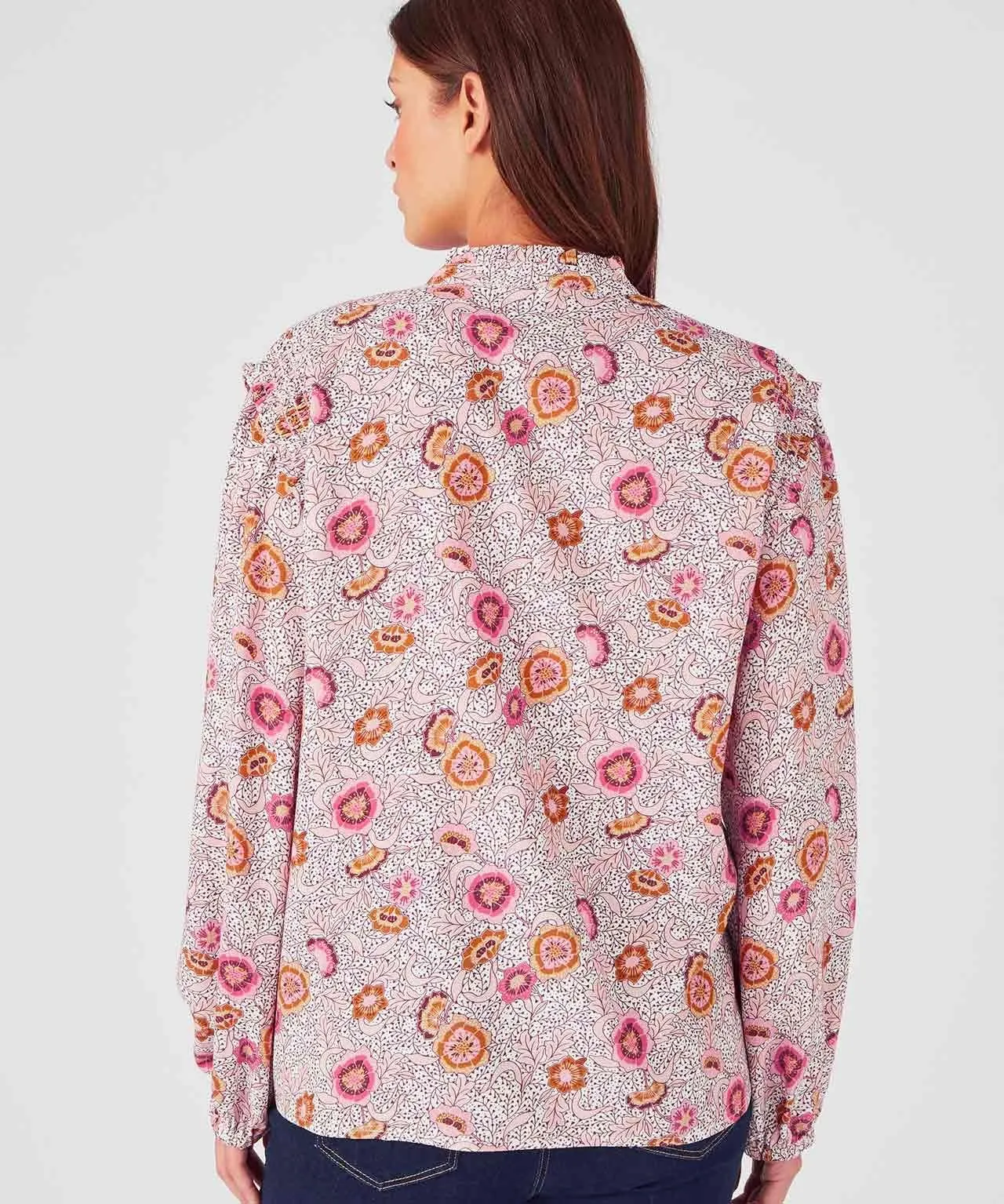 Long Sleeved Tunisian Collar Printed Blouse