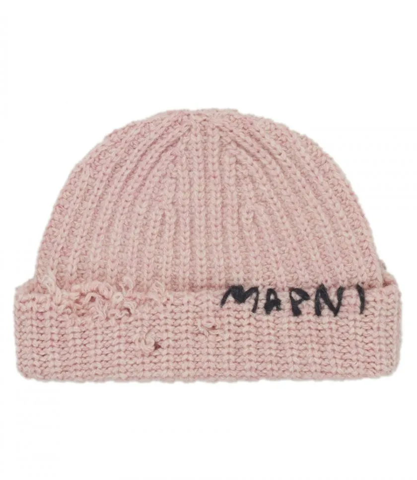 MARNIPINK RIBBED BEANIE WITH HAND-STITCHED LOGO