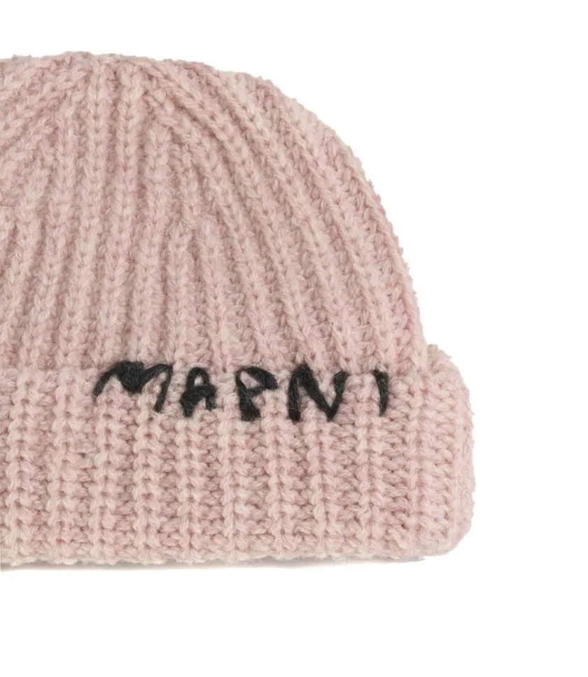 MARNIPINK RIBBED BEANIE WITH HAND-STITCHED LOGO