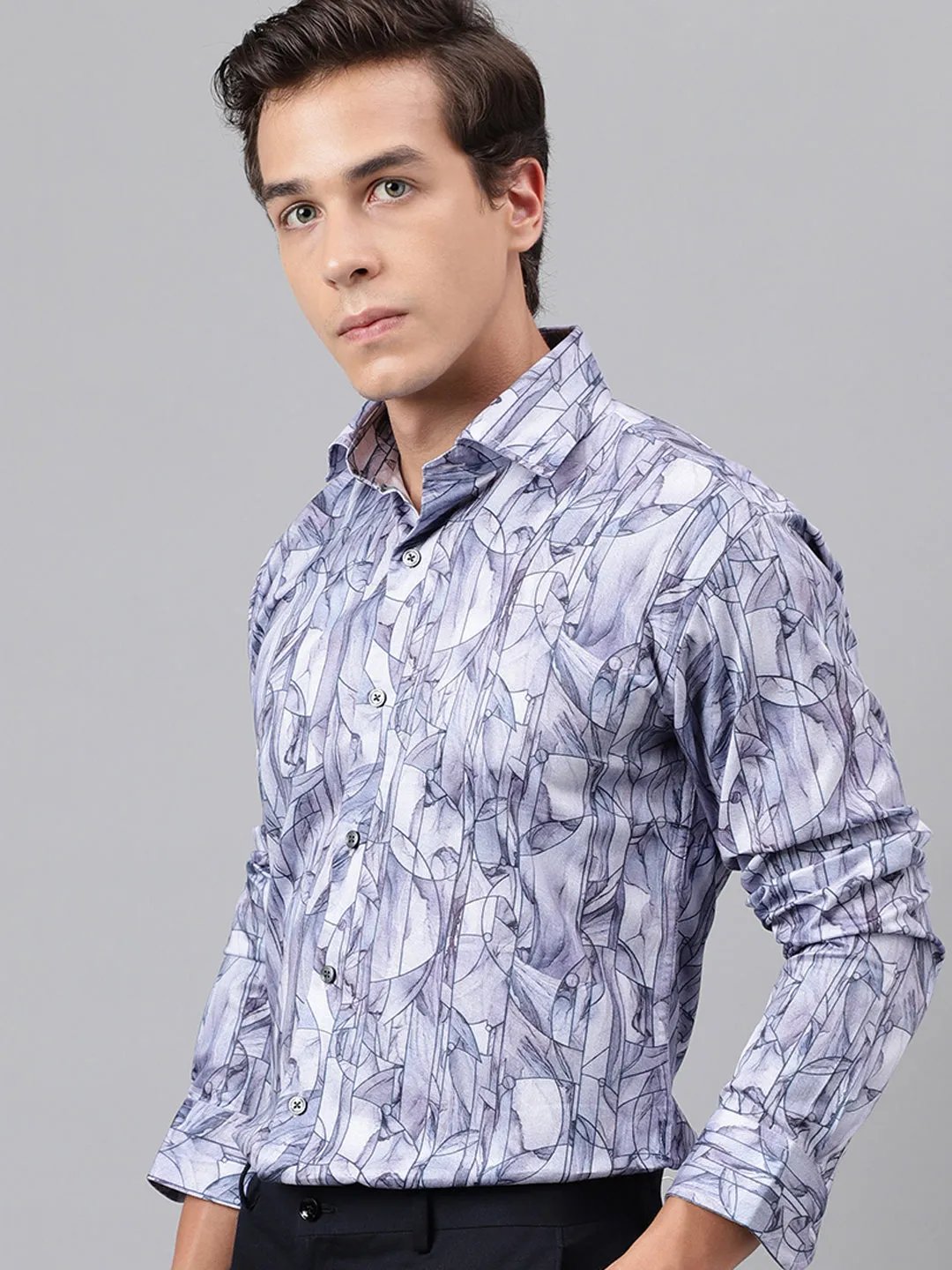 Men Blue Abstract Printed Cotton Satin Slim Fit Party Shirt