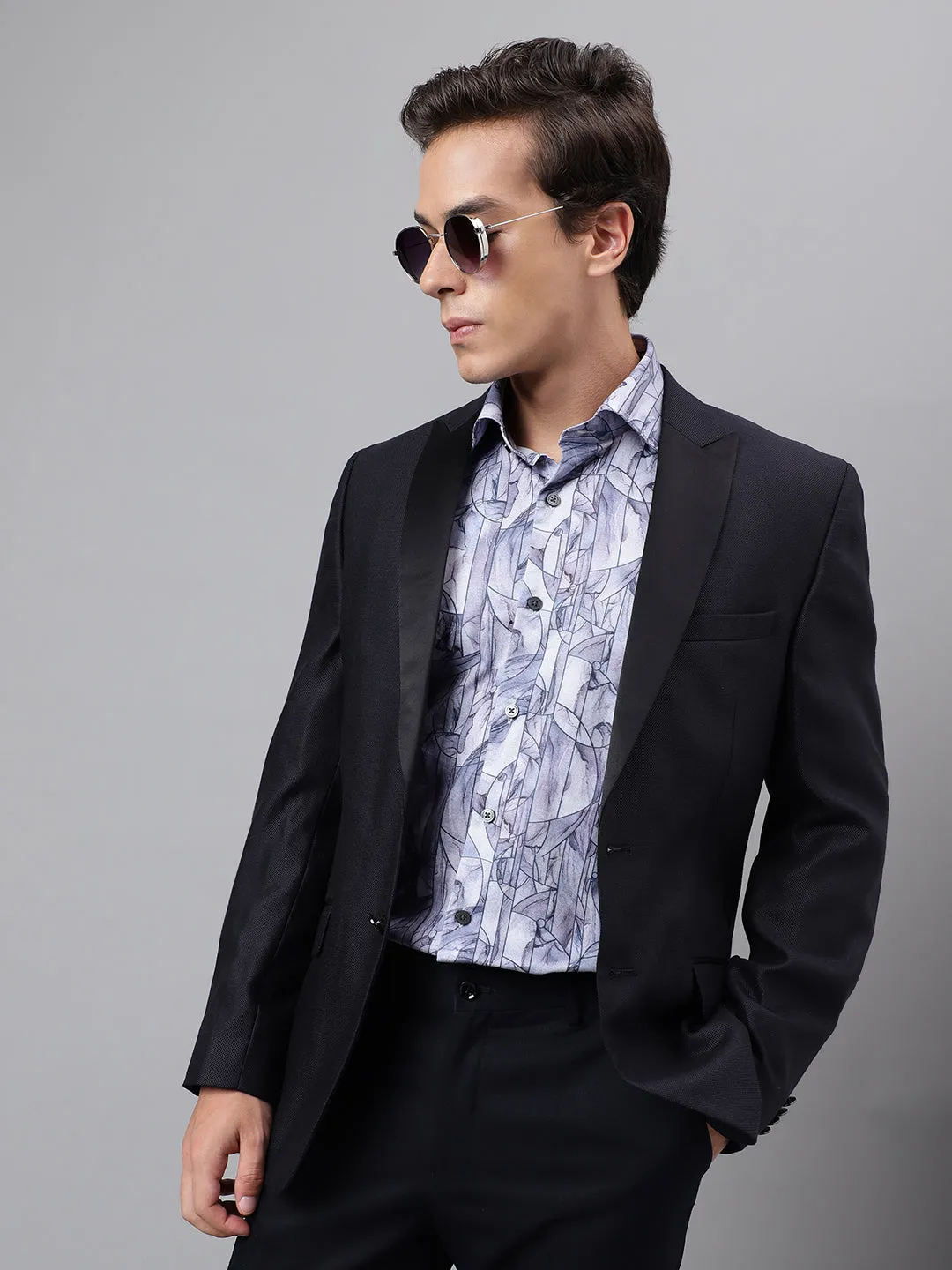 Men Blue Abstract Printed Cotton Satin Slim Fit Party Shirt