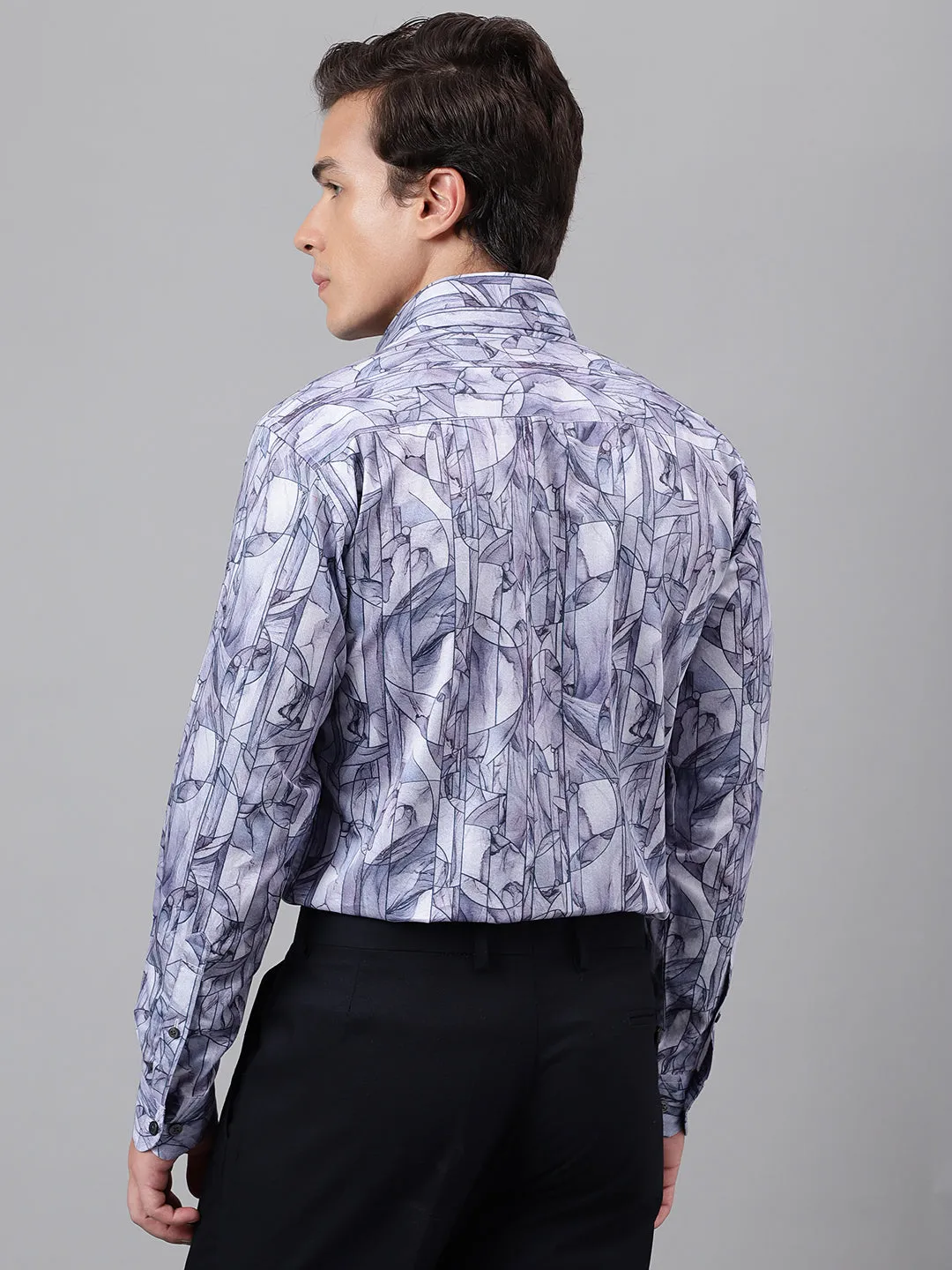 Men Blue Abstract Printed Cotton Satin Slim Fit Party Shirt