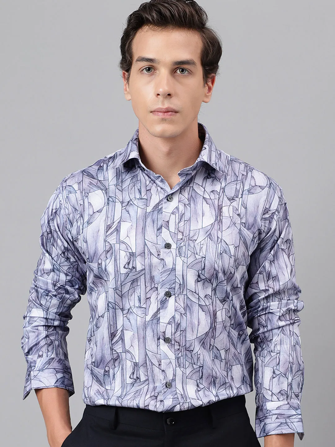 Men Blue Abstract Printed Cotton Satin Slim Fit Party Shirt