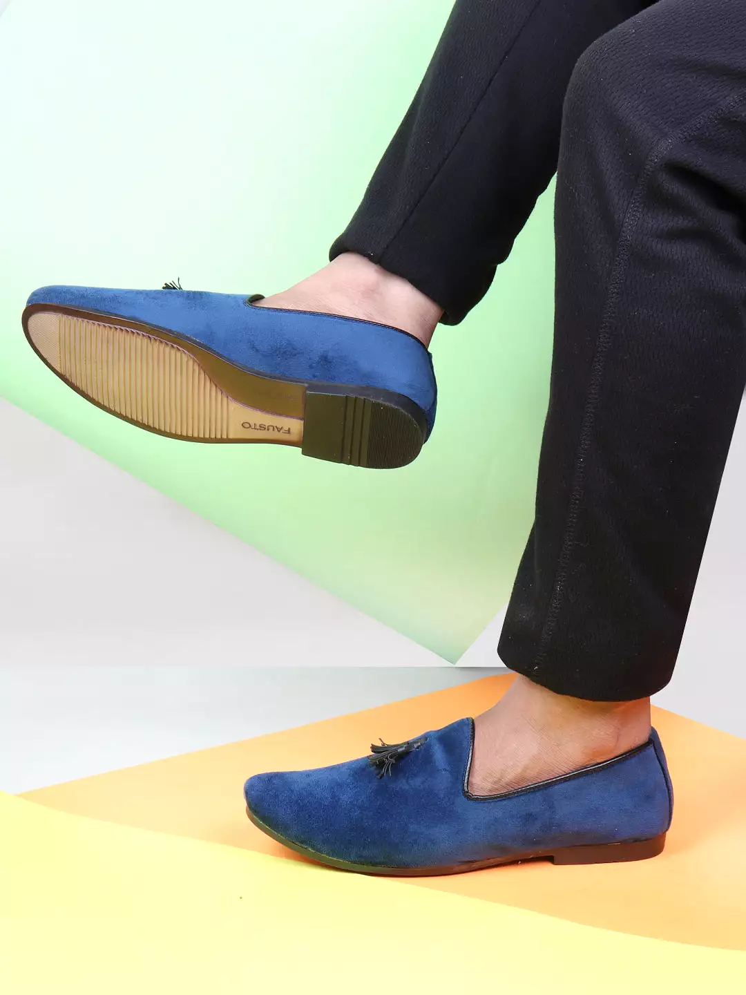 Men Blue Casual Velvet Slip-On Loafers