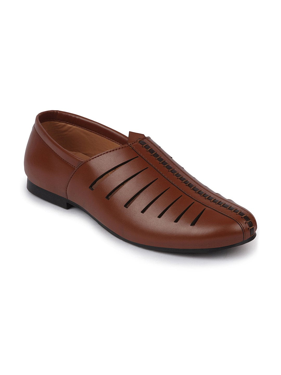 Men Ethnic Tan Hand Stitched Laser Cut Juttis and Mojaris