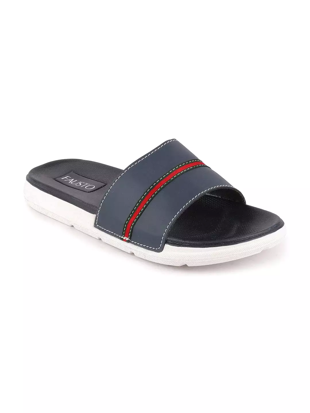 Men Navy Blue Casual Slip-On Color Block Slider Flip-Flops