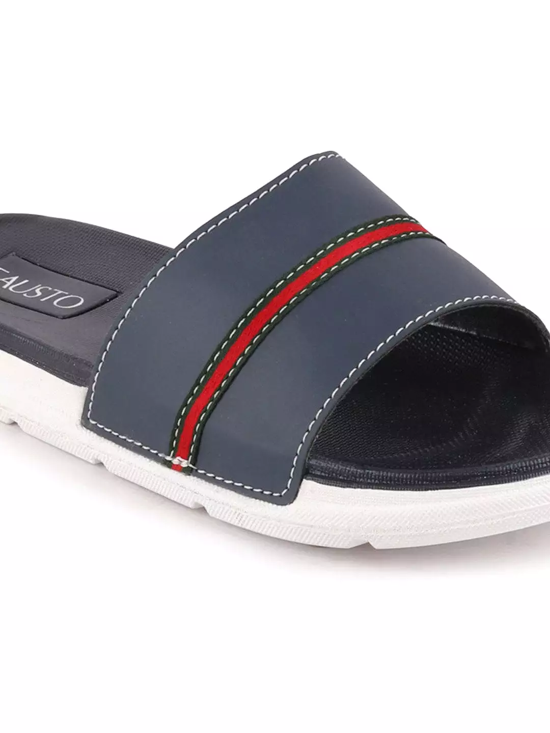 Men Navy Blue Casual Slip-On Color Block Slider Flip-Flops