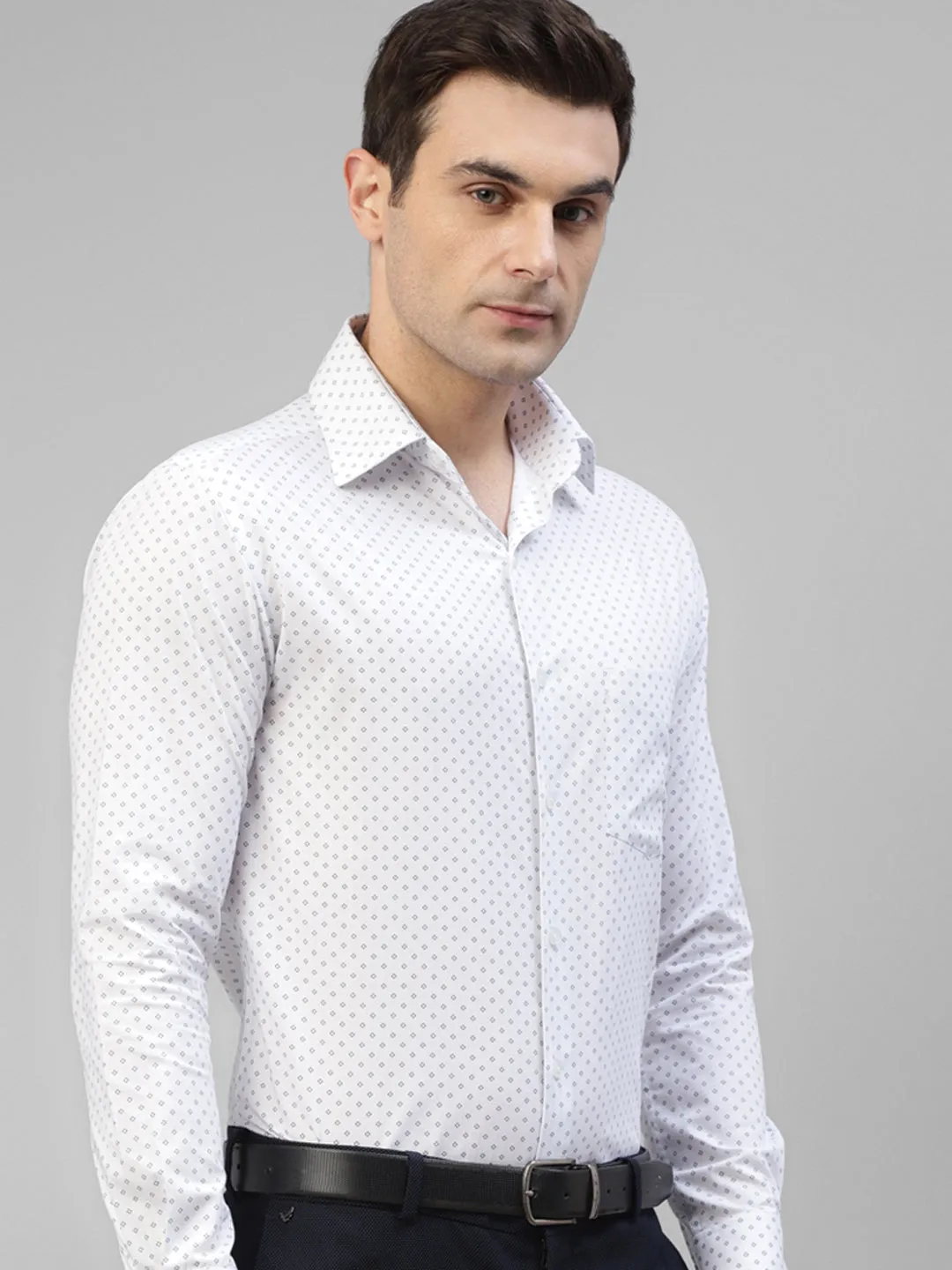 Men White Micro Ditsy Printed Pure Cotton Slim Fit Formal Shirt