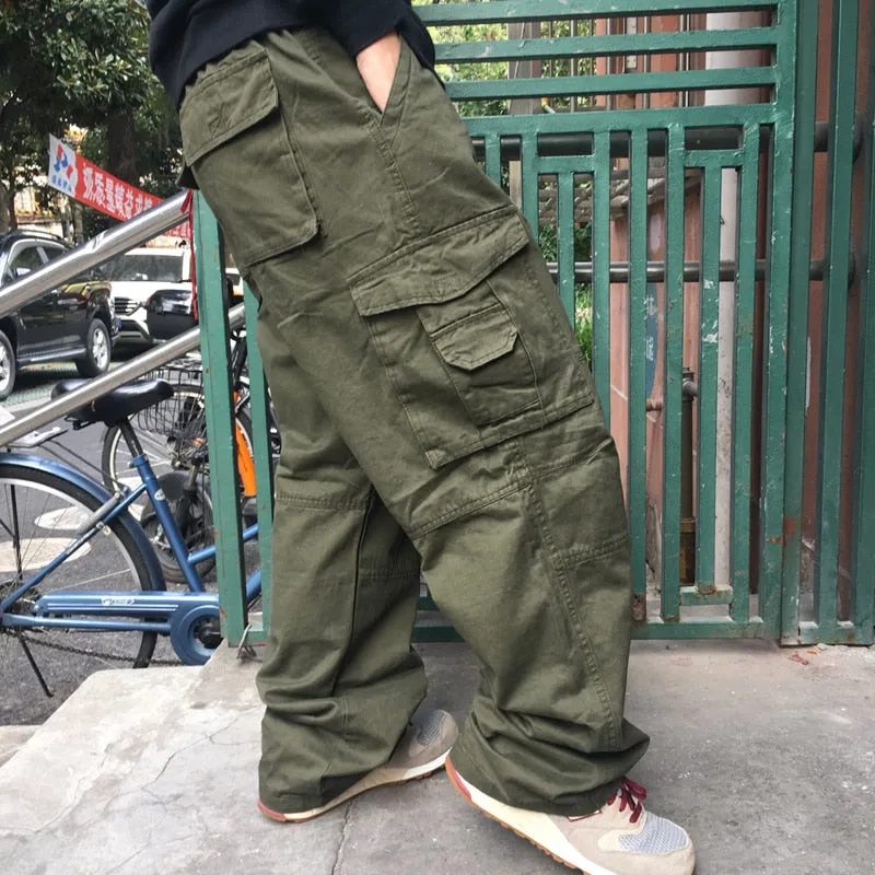 Men's Casual Elastic Waist Multi Pocket Button Fly Closure Cargo Pants