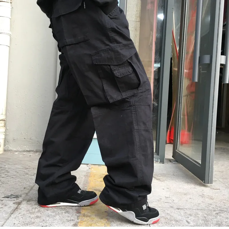 Men's Casual Elastic Waist Multi Pocket Button Fly Closure Cargo Pants