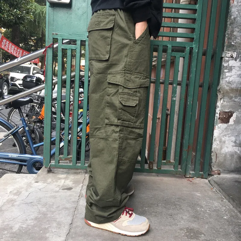 Men's Casual Elastic Waist Multi Pocket Button Fly Closure Cargo Pants